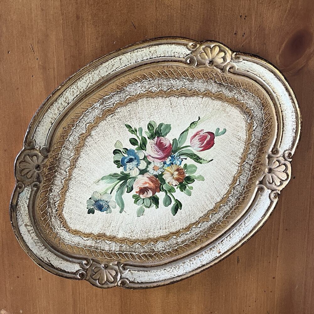 Vintage Legno Holz Wood Bois Hand Painted Artisan Tray Italy cottage retro decor